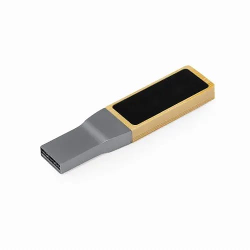 A USB drive with a wooden design and a sleek grey finish, featuring a branding logo. Olson 16GB - Image 1