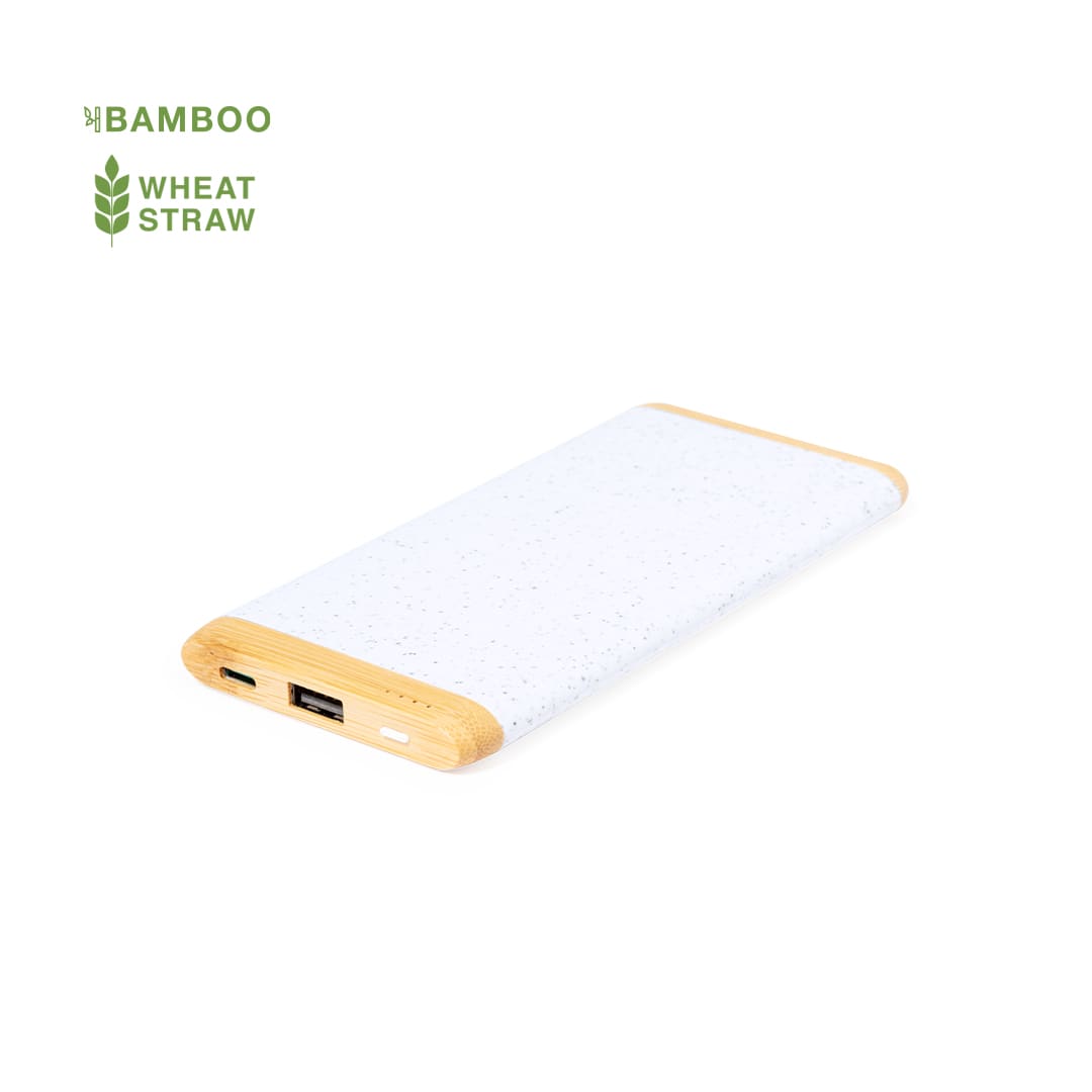 A power bank with a white speckled finish and bamboo detailing, featuring a USB port and branding. Coquin Power Bank - Image 1