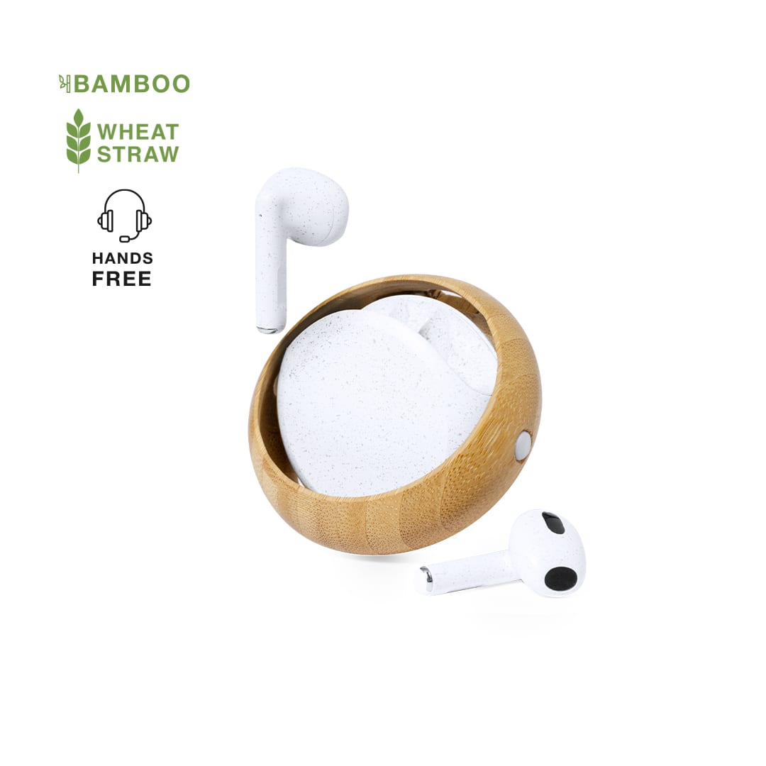 A pair of white earbuds placed inside a circular bamboo charging case, featuring a natural wood finish. Krofin Earphones - Image 1