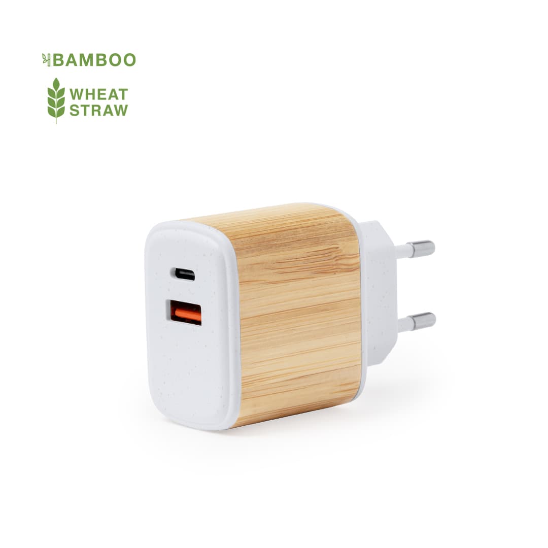 A USB charger with a bamboo and wheat straw design, featuring a white port and two plugs. Sugax USB Charger - Image 1