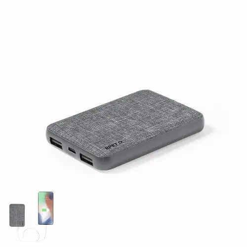 A portable charger with a textured grey fabric exterior and multiple USB ports for charging devices. Syrong - Image 1