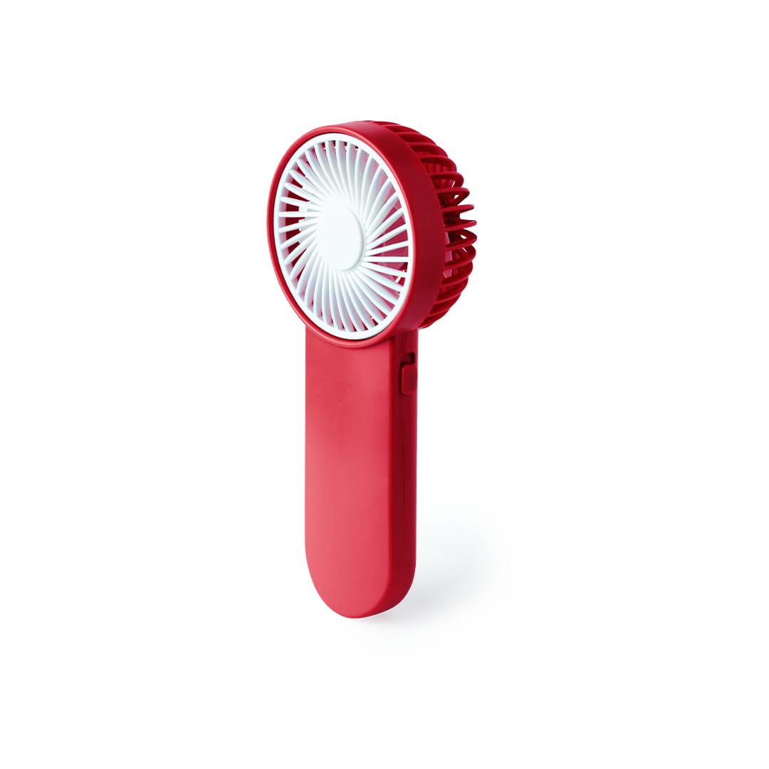 A portable red fan with a round grille and handle, featuring a branding logo on the side. Sartor Fan - Image 1