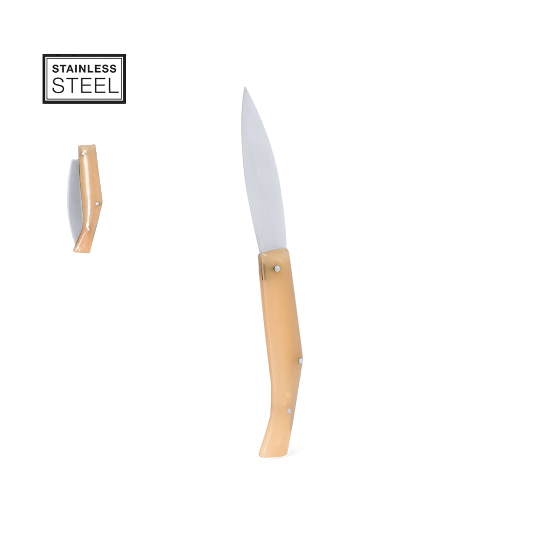 A stainless steel pocket knife with a smooth, light brown handle. The knife is partially open in the image. Mulsen Pocket Knife - Image 1