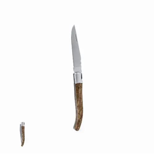 A folding knife with a sleek metal blade and a brown wooden handle, featuring both the open and closed positions. Rinex - Image 1