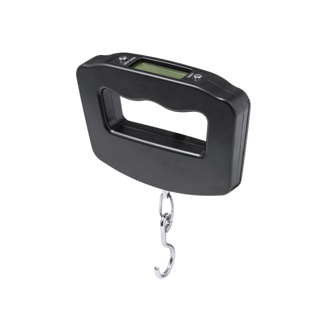 A black digital weighing scale with a hook hanging from it and a handle for easy grip. It features a display screen. Niben Weighing Scales - Image 1