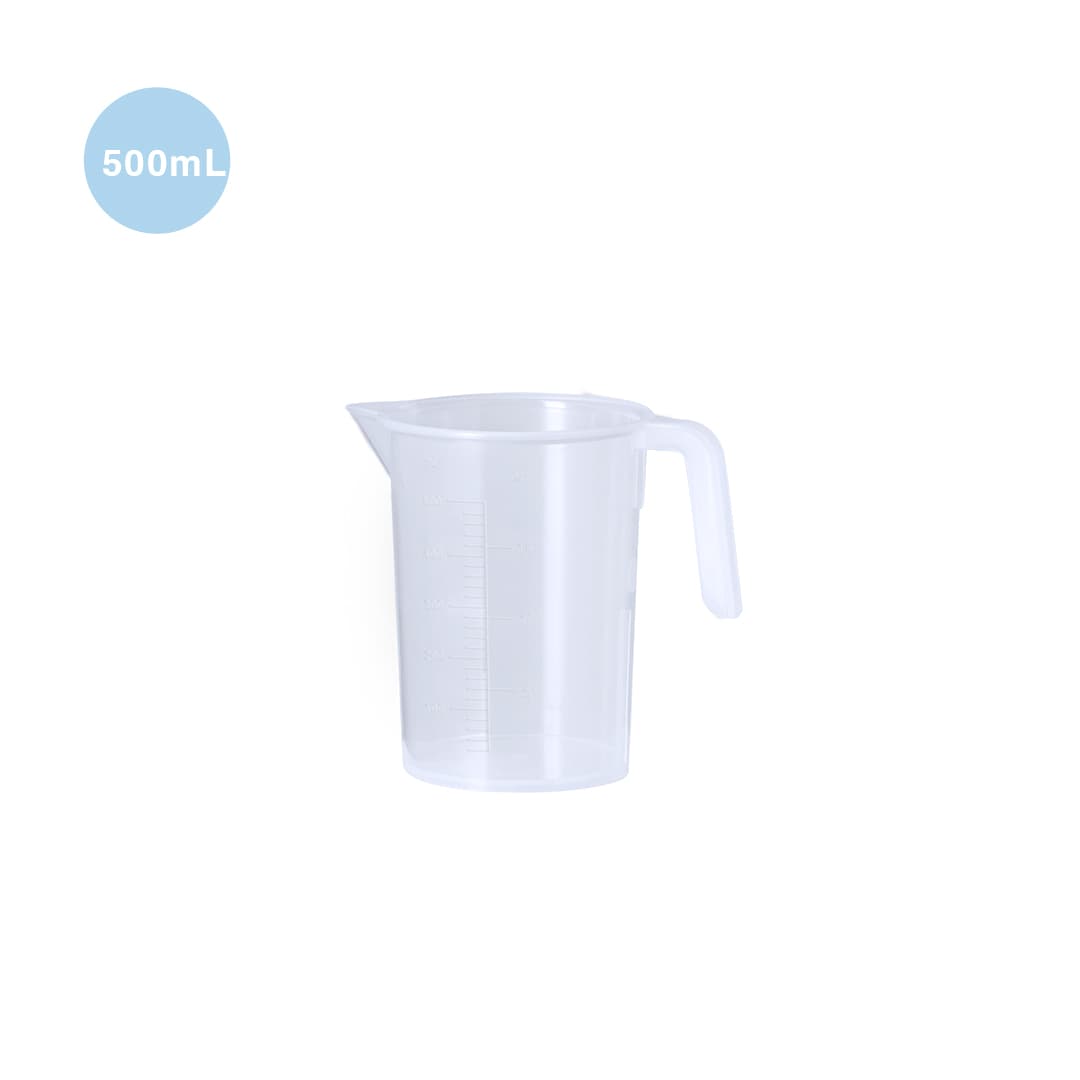 A transparent measuring jug with a handle, marked with millilitre measurements, holding 500ml. Ladex Measuring Jug - Image 1