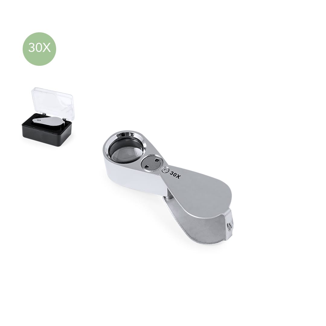 A silver 30X magnifier with a protective case, displayed against a white background. Yoplin 30X Magnifier - Image 1