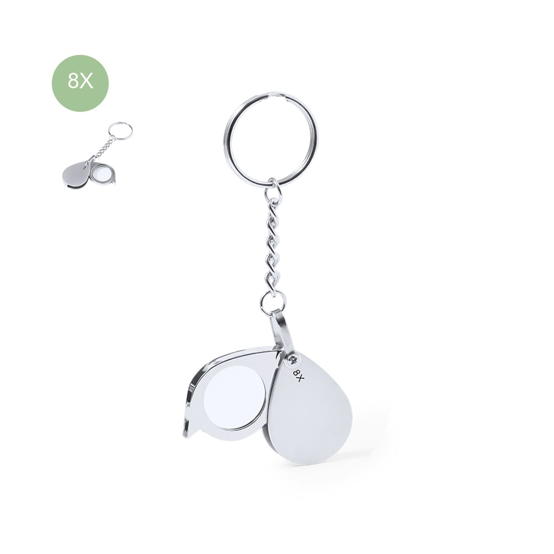 A silver magnifier keyring with an 8X magnification lens, featuring a chain attachment. Kitins 8X Magnifier Keyring - Image 1