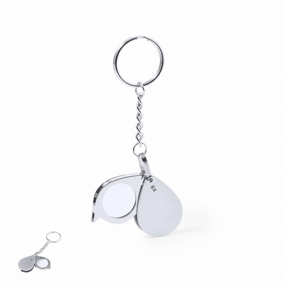 A keychain magnifier with a silver finish, featuring two lenses attached to a chain. Kitins 8X - Image 1