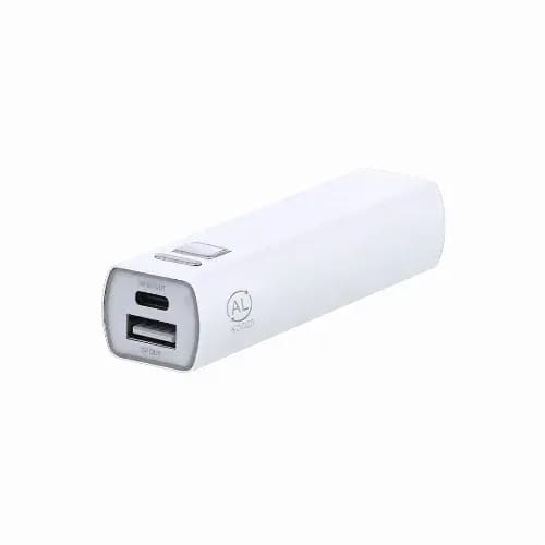 A portable power bank in white, featuring a USB-A and USB-C port, with a sleek, cylindrical design. Serdinam - Image 1