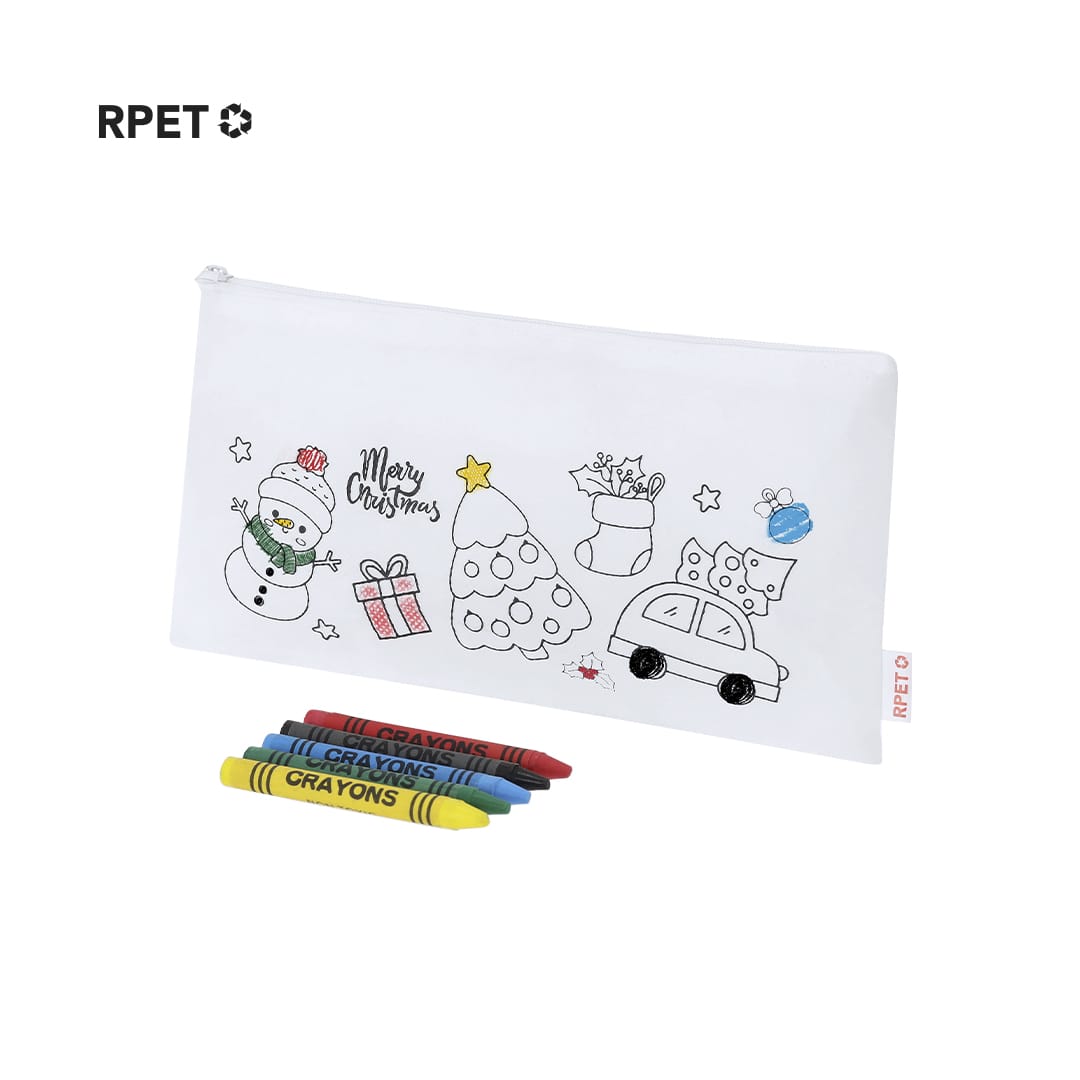 A white pencil case featuring Christmas illustrations and containing colourful crayons. It has a logo on one side. Flemenk Pencil Case - Image 1