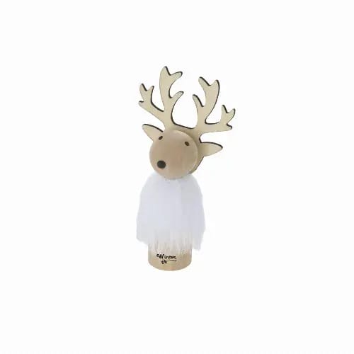 A decorative reindeer figure with wooden antlers and a fluffy white body. The base features a small logo. Guardens - Image 1