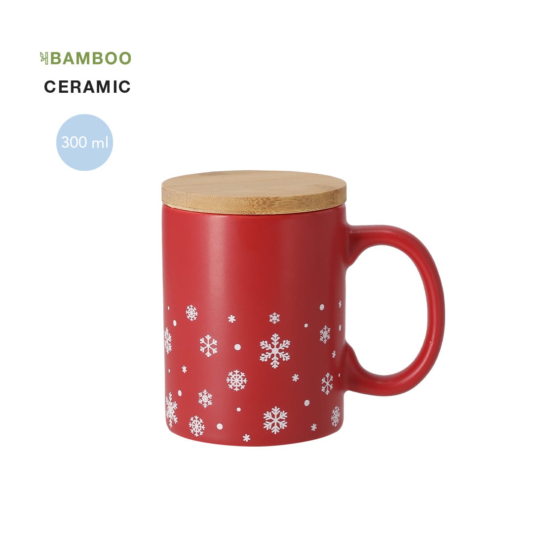 A red ceramic mug with a bamboo lid, featuring white snowflake designs, holding 300 ml. Helogran Mug - Image 1