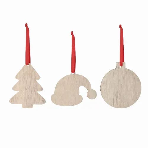 Three wooden Christmas ornaments in the shapes of a tree, a hat, and a circle, each with a red hanging ribbon. Clixar - Image 1