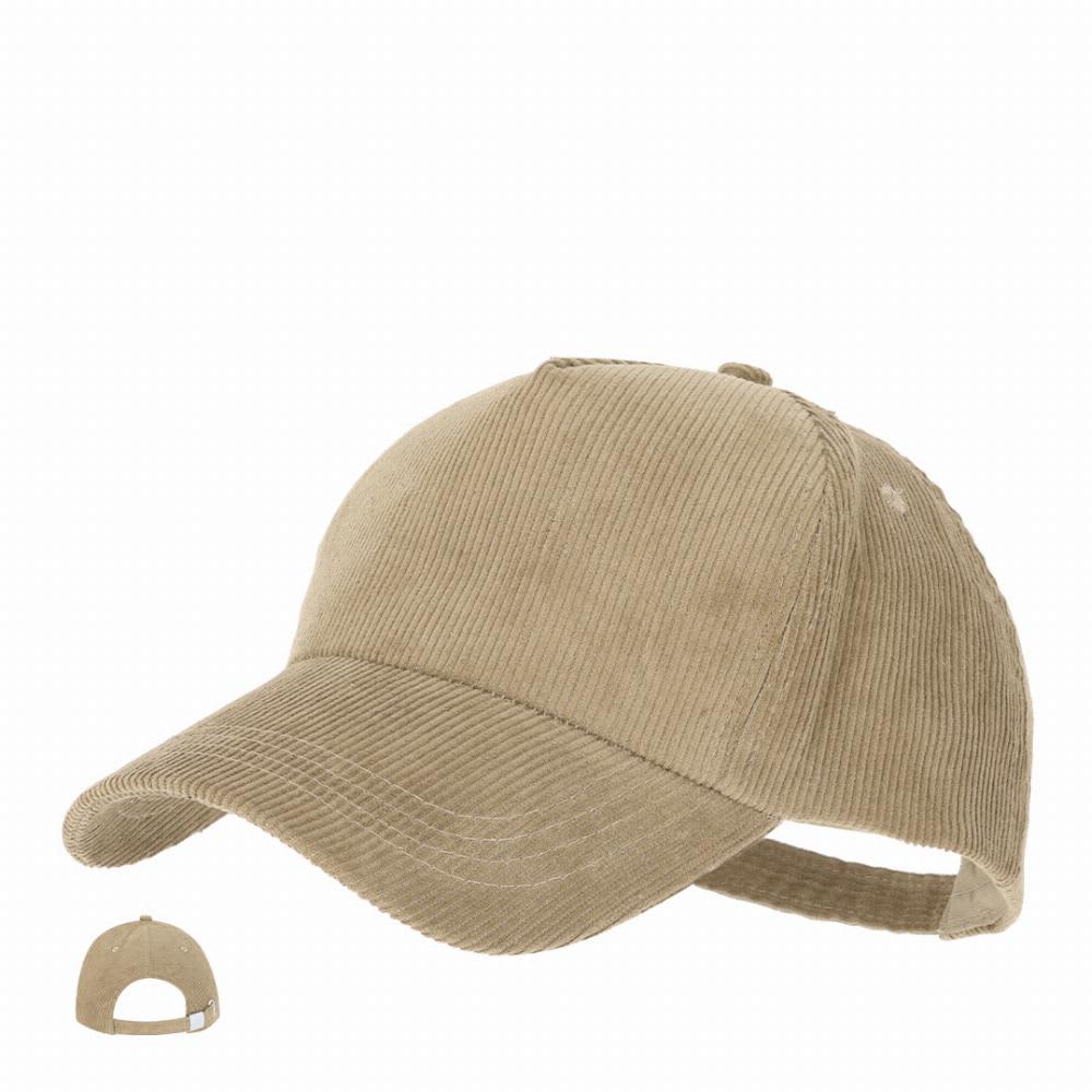A cap in a light tan corduroy fabric with a curved brim and adjustable back strap. It features a logo on the side. Dispart - Image 1