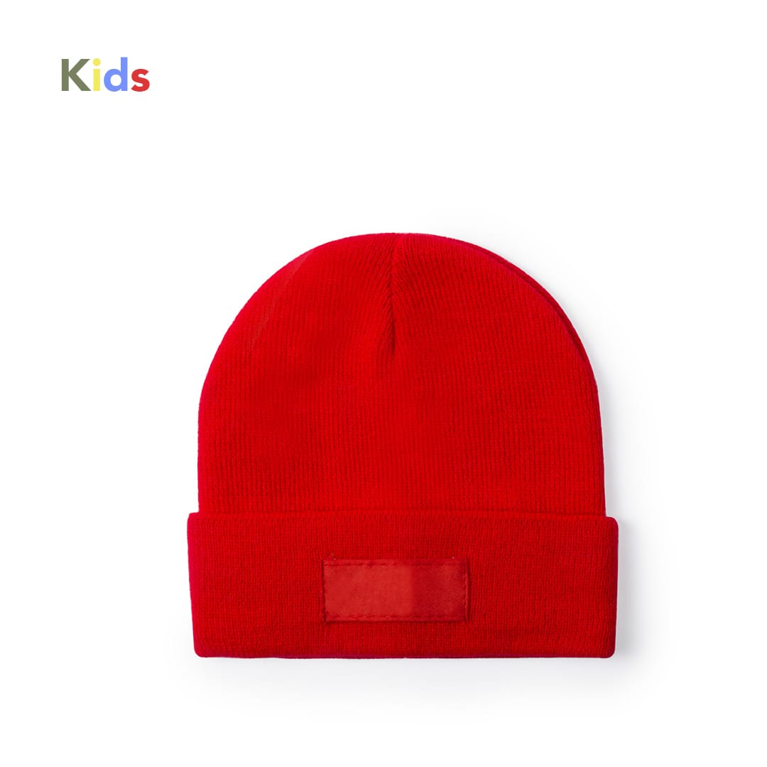 A red kids' beanie featuring a cuff and a space for a logo or branding. Vert Kids Hat - Image 1