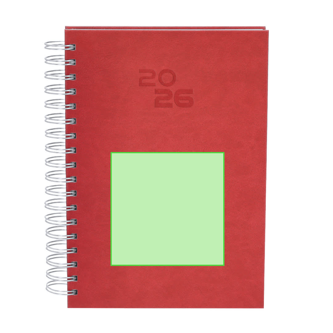 A red spiral-bound diary with a green square section and a year label. It features a logo on the front cover. Wayrux Diary - Image 1
