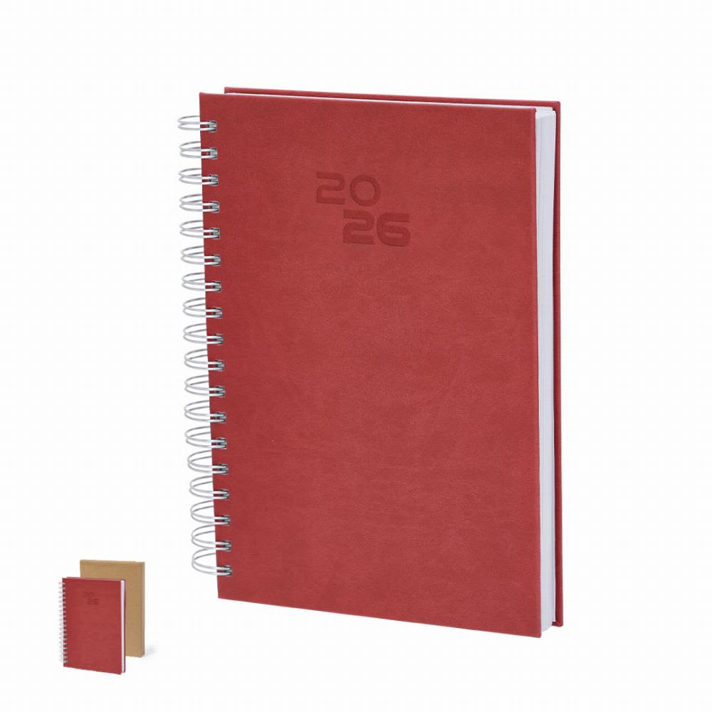 A red spiral-bound notebook with a textured cover, featuring an embossed date. A smaller notebook is also visible. Wayrux - Image 1