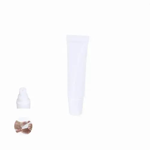 A white cosmetic tube alongside a small pump bottle and a hand applying the product. Galax - Image 1