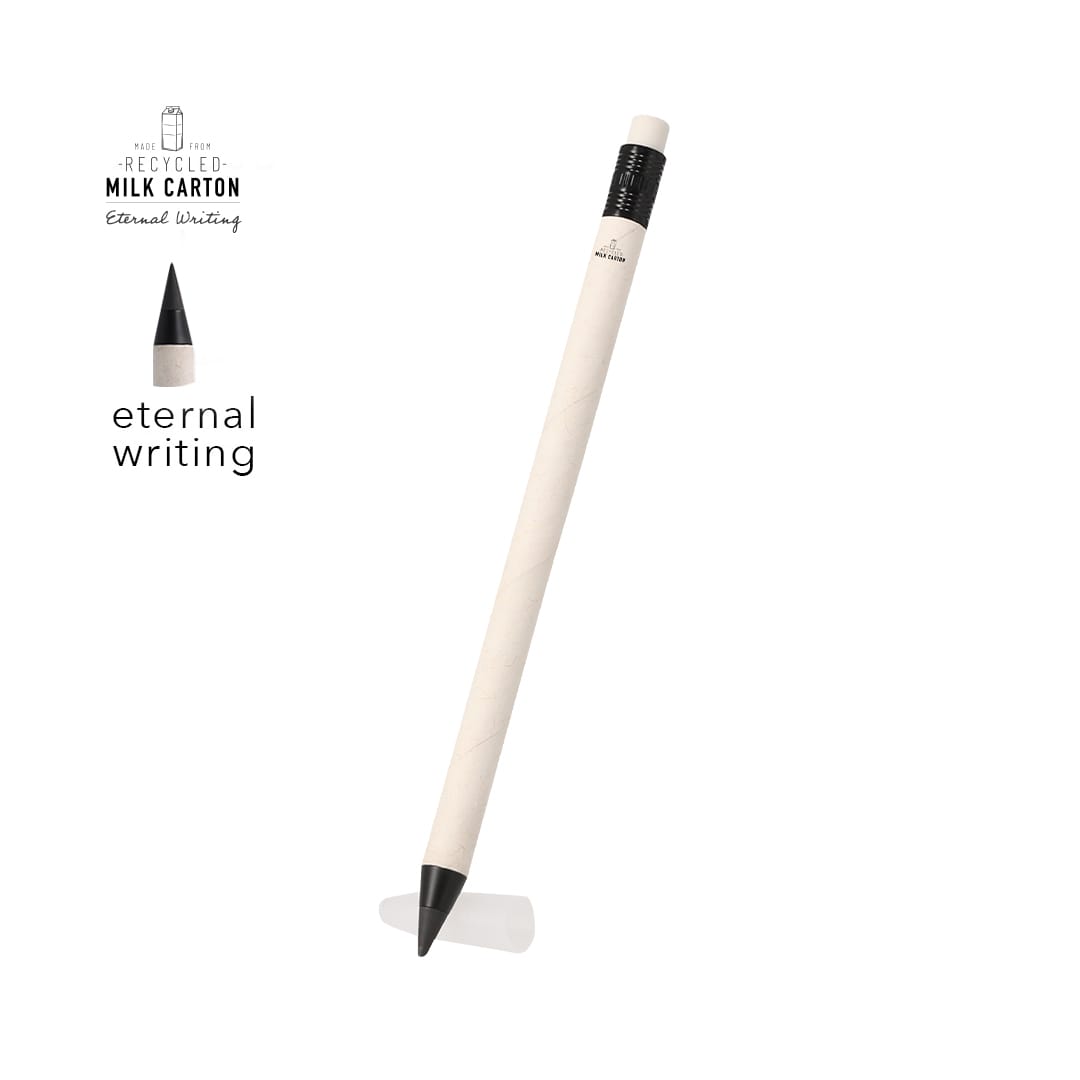 A grey-lead pencil with a recycled milk carton design and a black tip, featuring a logo on the body. Horocks Eternal Pencil - Image 1