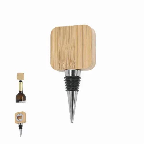 A drink bottle stopper featuring a bamboo top and a metallic tapered base, showcasing a modern design. Pomni - Image 1