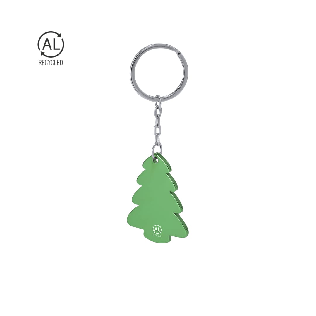 A green tree-shaped keyring with a metal chain and ring, featuring a branding logo. Made from recycled materials. Shappier Keyring - Image 1