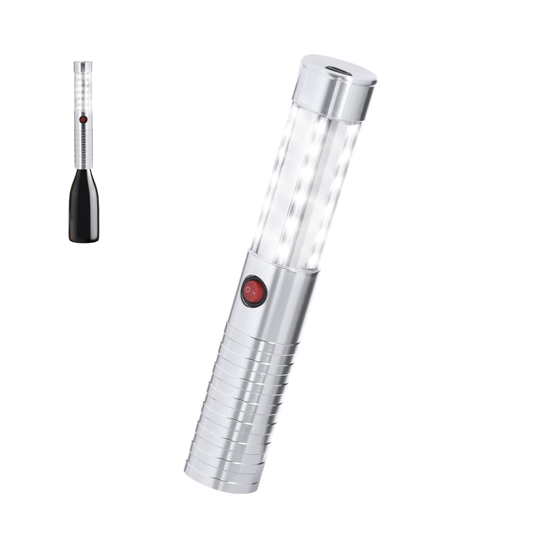 A silver LED stick flashlight with a black base and a red button, featuring bright LED lights along its length. Pexel Led Stick - Image 1