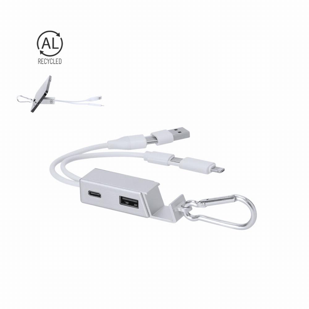 A charging cable with a USB and a micro USB connector, featuring a silver casing and a carabiner clip. Leony - Image 1