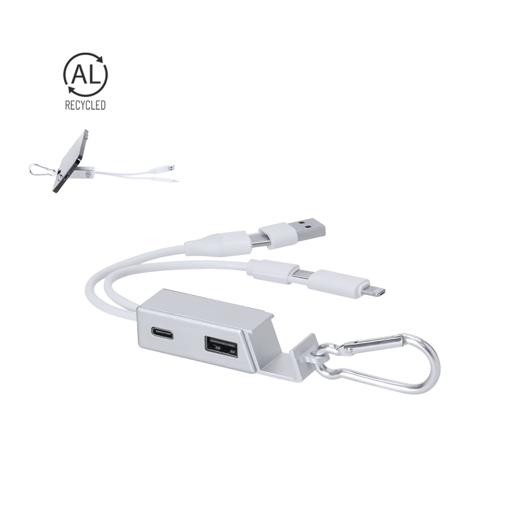A silver USB hub with dual connectors, featuring a carabiner clip for portability and a logo on the side. Leony Charger USB Hub - Image 1