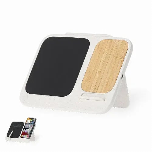 A charging stand featuring a black surface and a bamboo panel, designed for holding a smartphone. It has a logo. Artic - Image 1