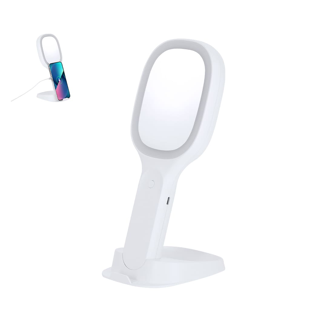 A white multifunction mirror with a phone holder and charging feature. It has a sleek, modern design. Marchox Multifunction Mirror - Image 1