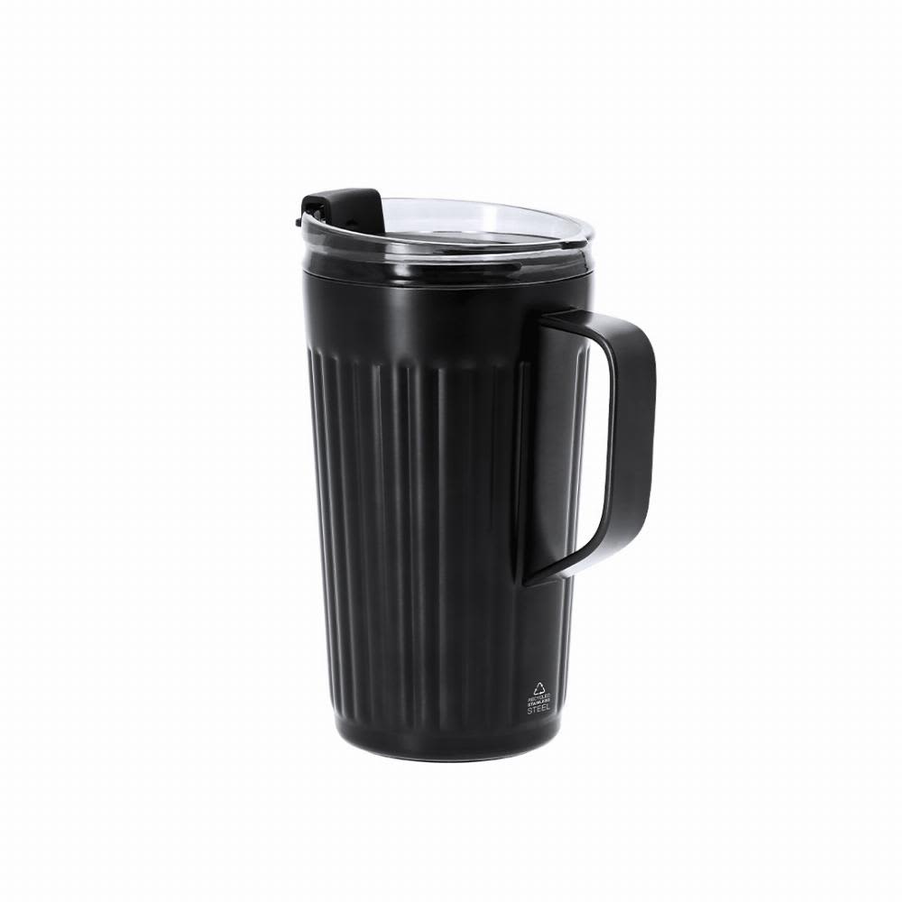 A drink bottle in matte black with a ribbed design and a clear lid, featuring a sturdy handle. Korpla - Image 1