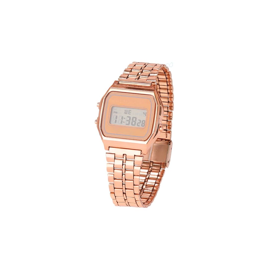 A digital watch with a rose gold metal band and an octagonal face displaying time in digits. Busnor Watch - Image 1