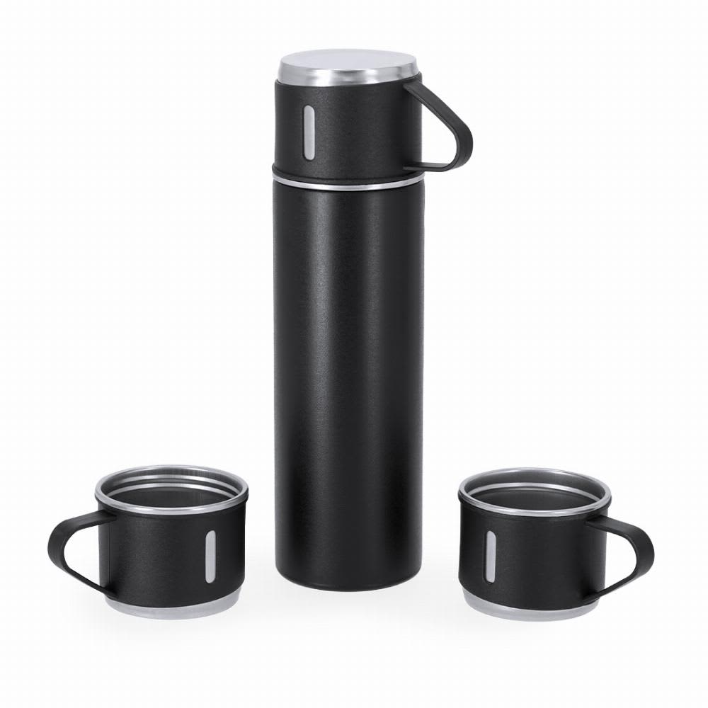 A drink bottle in black with silver accents, accompanied by two matching cups, all featuring a sleek design. Melbir - Image 1