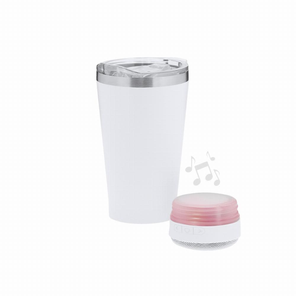 A drink bottle in white with a silver lid and a pink portable speaker beside it. Both items are unbranded. Tandix - Image 1
