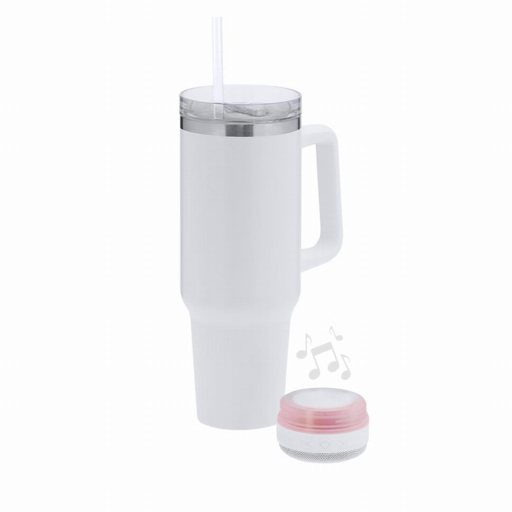 A white drink bottle with a handle and a lid, accompanied by a small pink and white speaker. Tracir - Image 1