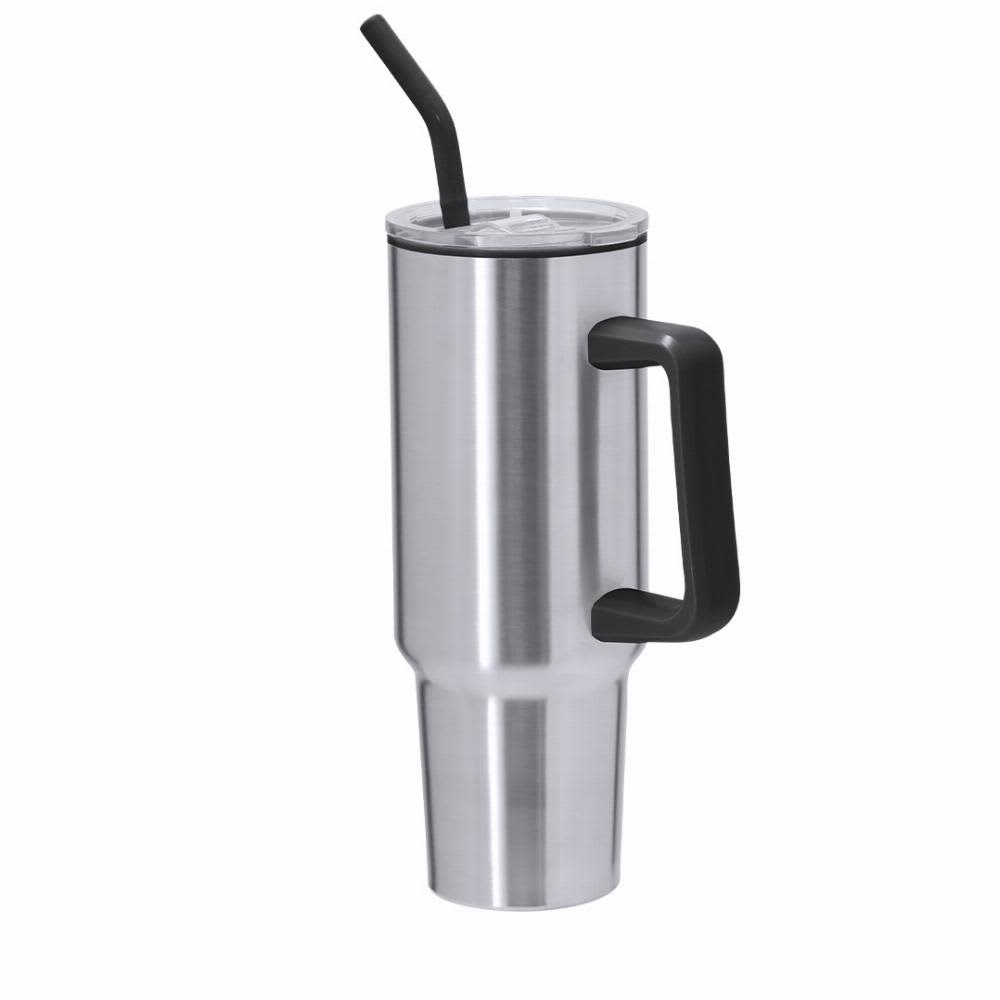 A drink bottle in stainless steel with a black handle and straw, featuring a secure lid. Lansin - Image 1