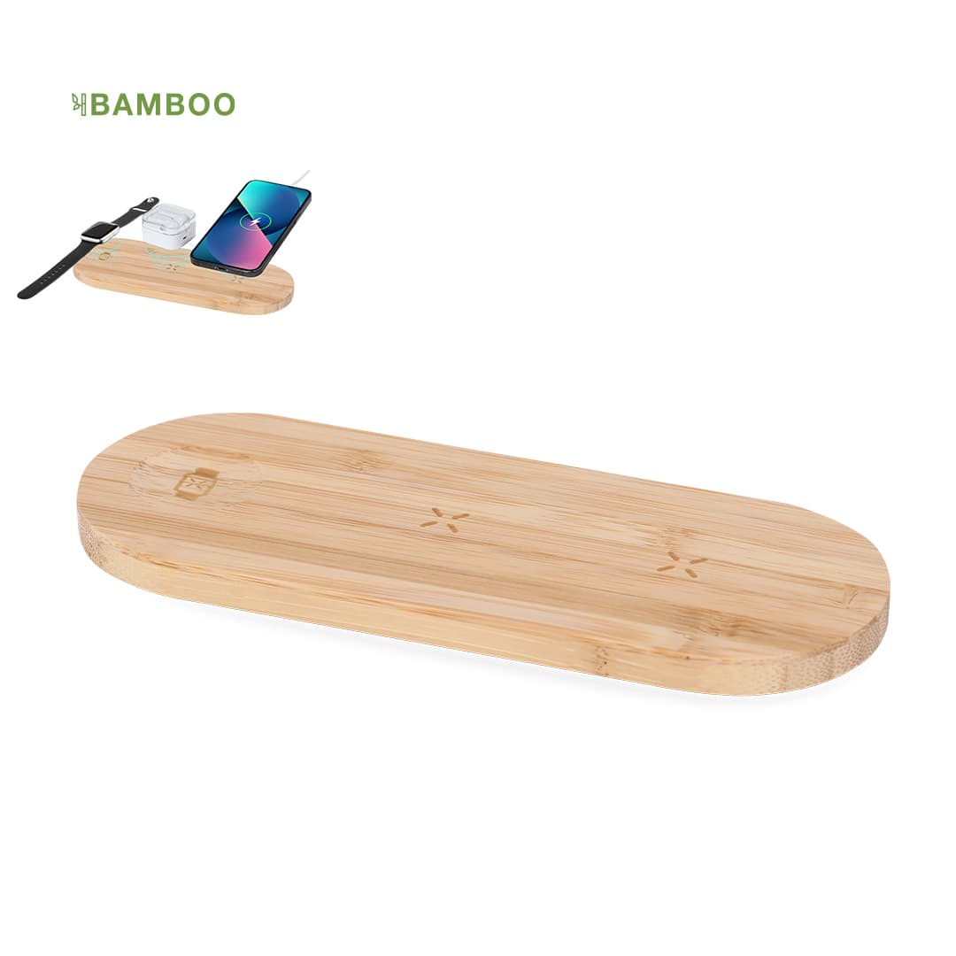 A bamboo wireless charger featuring an oval shape with slots for a phone and a smartwatch, showcasing a natural finish. Tigris Charger - Image 1