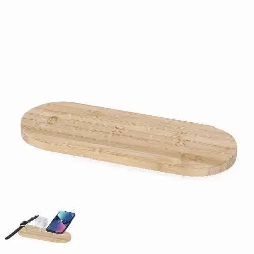A bamboo wireless charging pad with a smooth oval design, featuring spaces for multiple devices. Tigris - Image 1