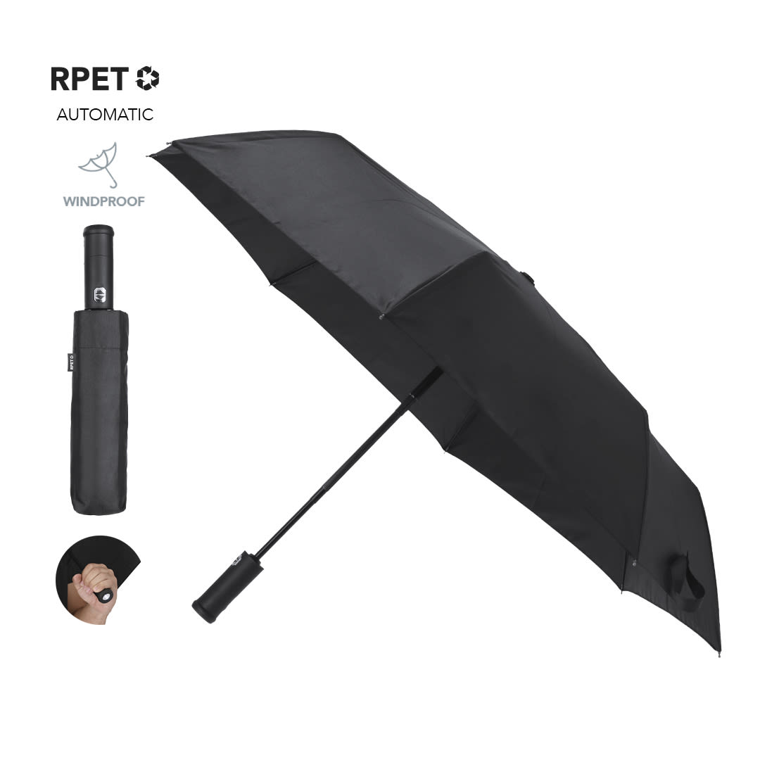 A black automatic umbrella with a windproof design, packaged in a matching black sleeve. Pulsak Umbrella - Image 1