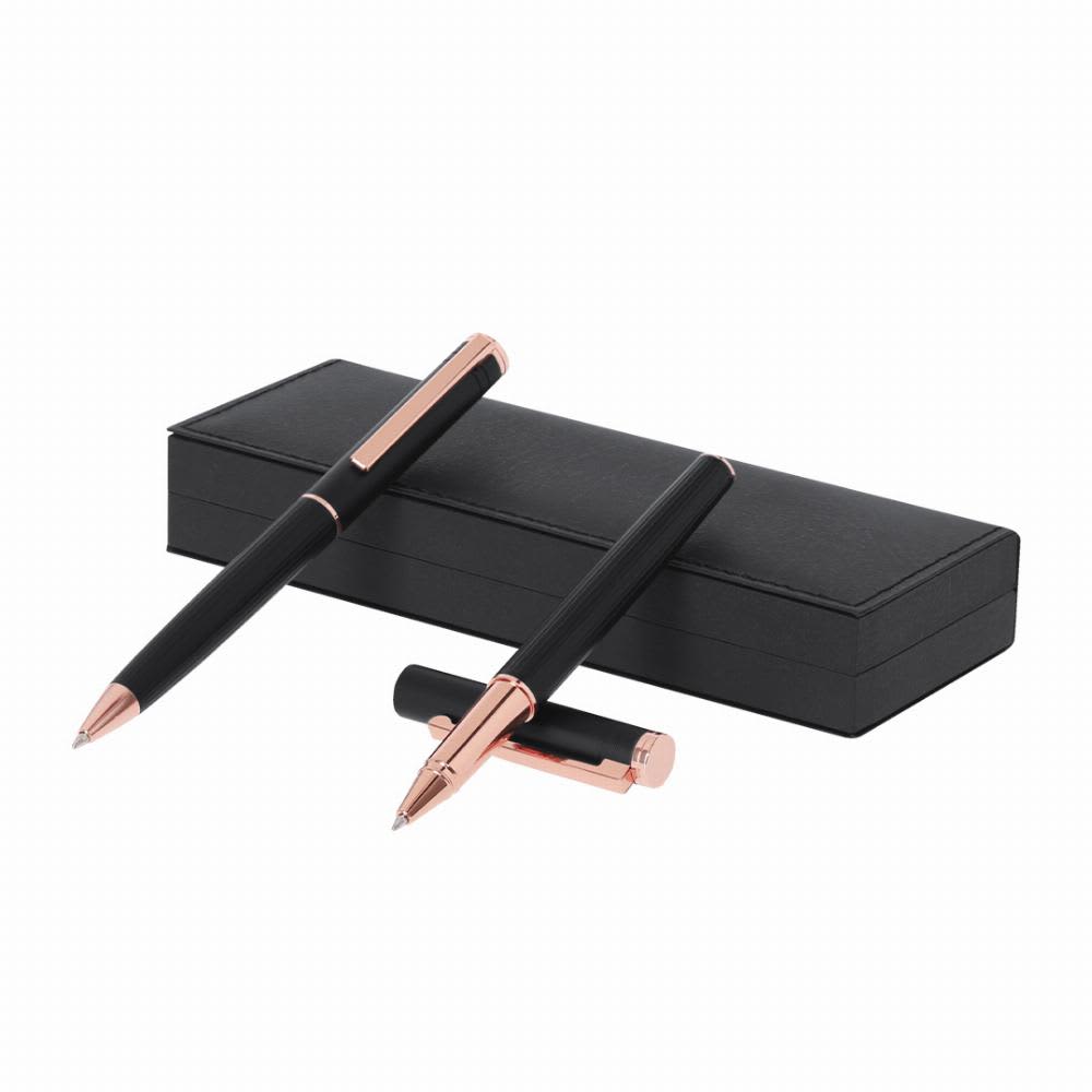 A black pen set with rose gold accents, presented in a sleek black box. The set includes a ballpoint and rollerball pen. Blexa - Image 1