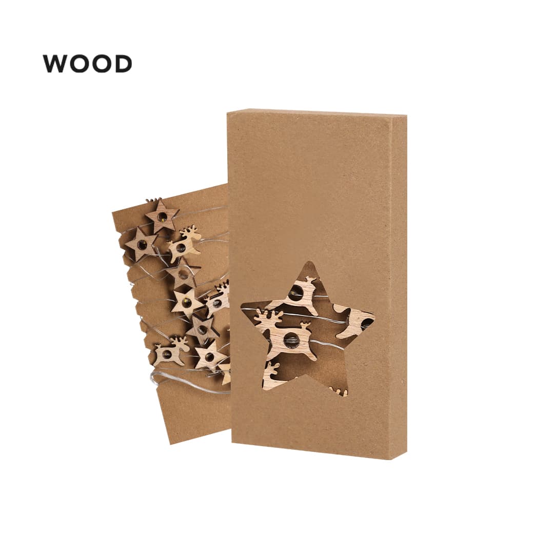 Wooden Christmas decoration set featuring star and reindeer shapes, packaged in a simple brown box with a star cutout. Plentox Christmas Decoration - Image 1