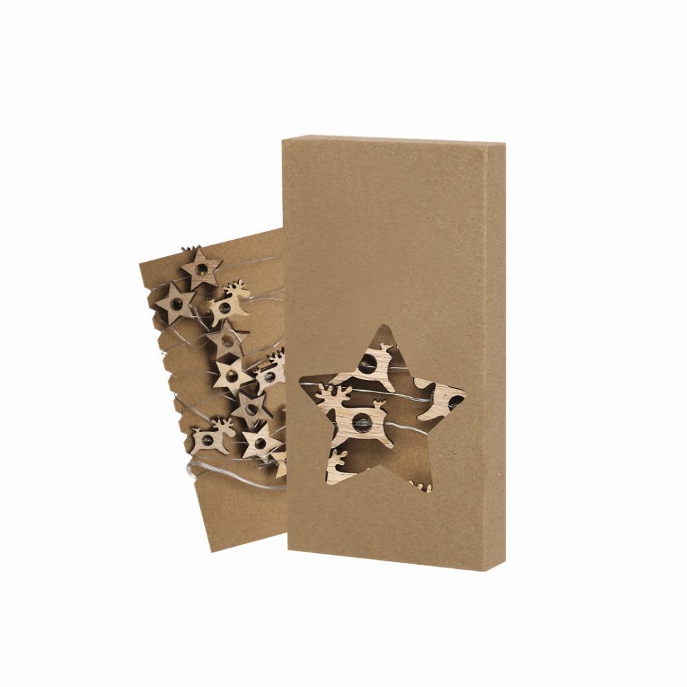 A decorative box containing wooden star ornaments, with a cut-out star design on the front. Plentox - Image 1
