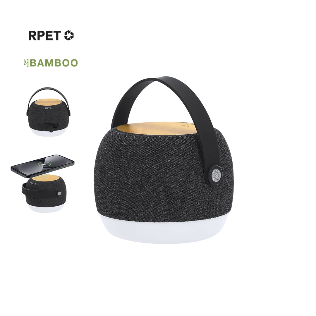 A spherical black speaker with a bamboo top and a handle, featuring a wireless charging function for phones. Sprit Charger Speaker - Image 1