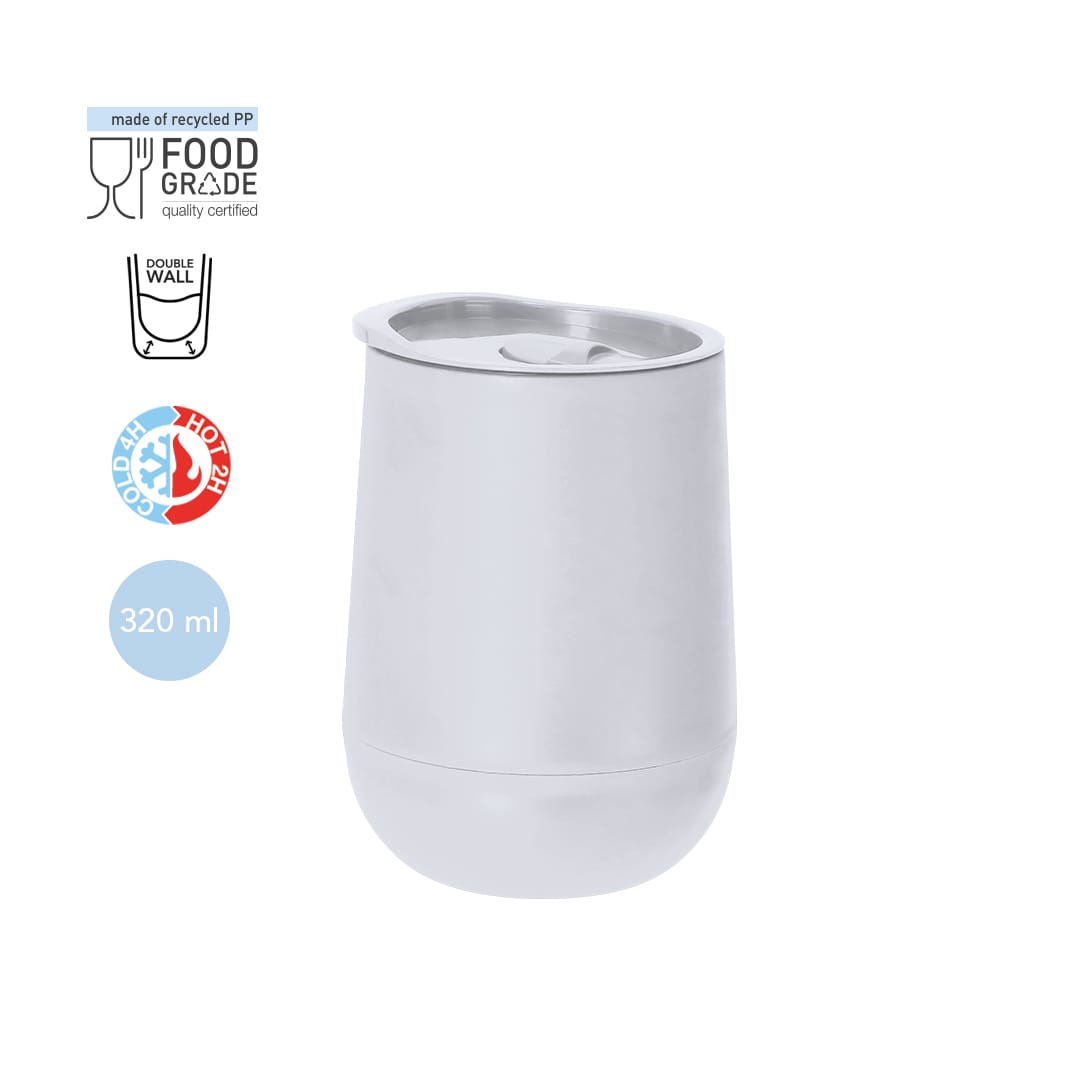 A drink bottle with a double-walled design in silver, featuring a lid and a logo. Holds 320 ml. Rechex Insulated Cup - Image 1