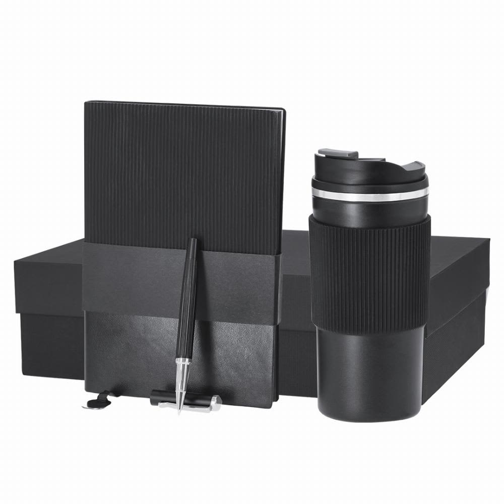 A black gift set featuring a notebook, pen, and a drink bottle, all packaged in a black box. Mirka - Image 1