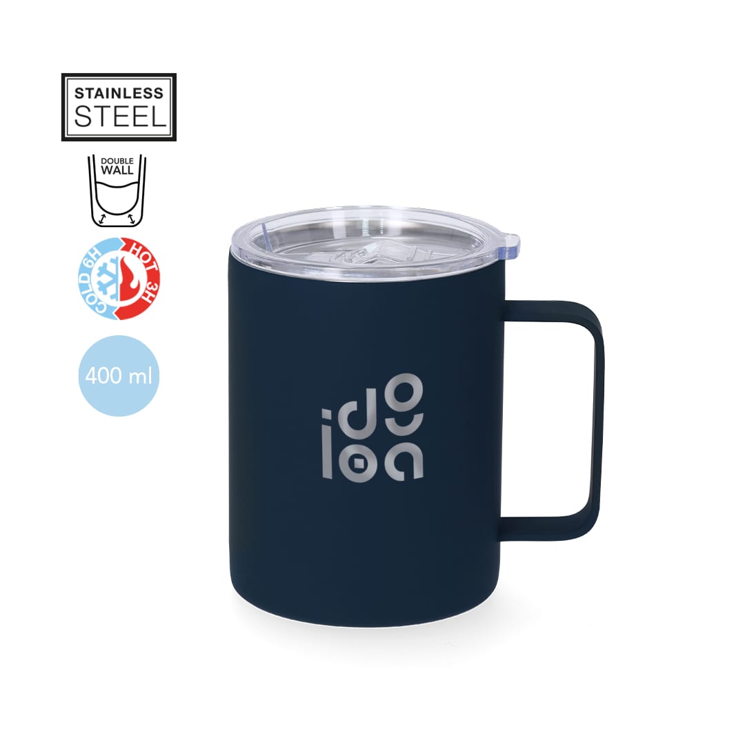 A travel mug in navy blue, made of stainless steel with a double wall and a clear lid. Features a handle and a logo. Adelax Insulated Mug - Image 1