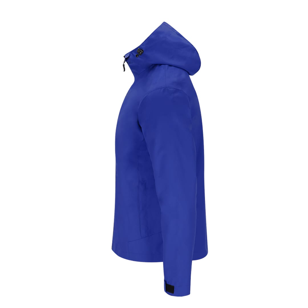 A blue rain jacket featuring a hood and a side view, with a simple design and a logo. Sarbon Parka - Image 1