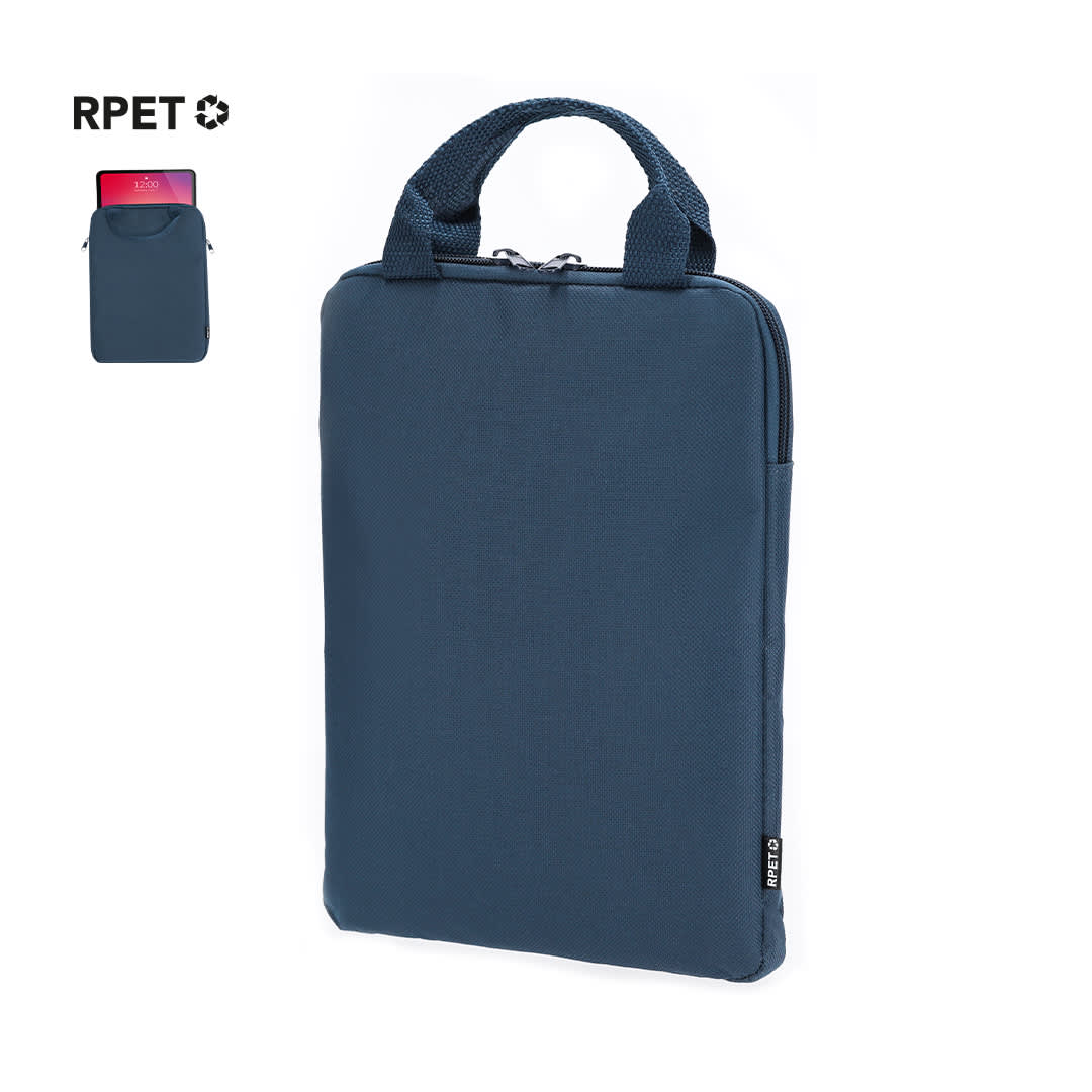 A navy tablet pouch with dual handles, featuring a zipper and a branding logo. Made from RPET material. Neizan Tablet Pouch - Image 1