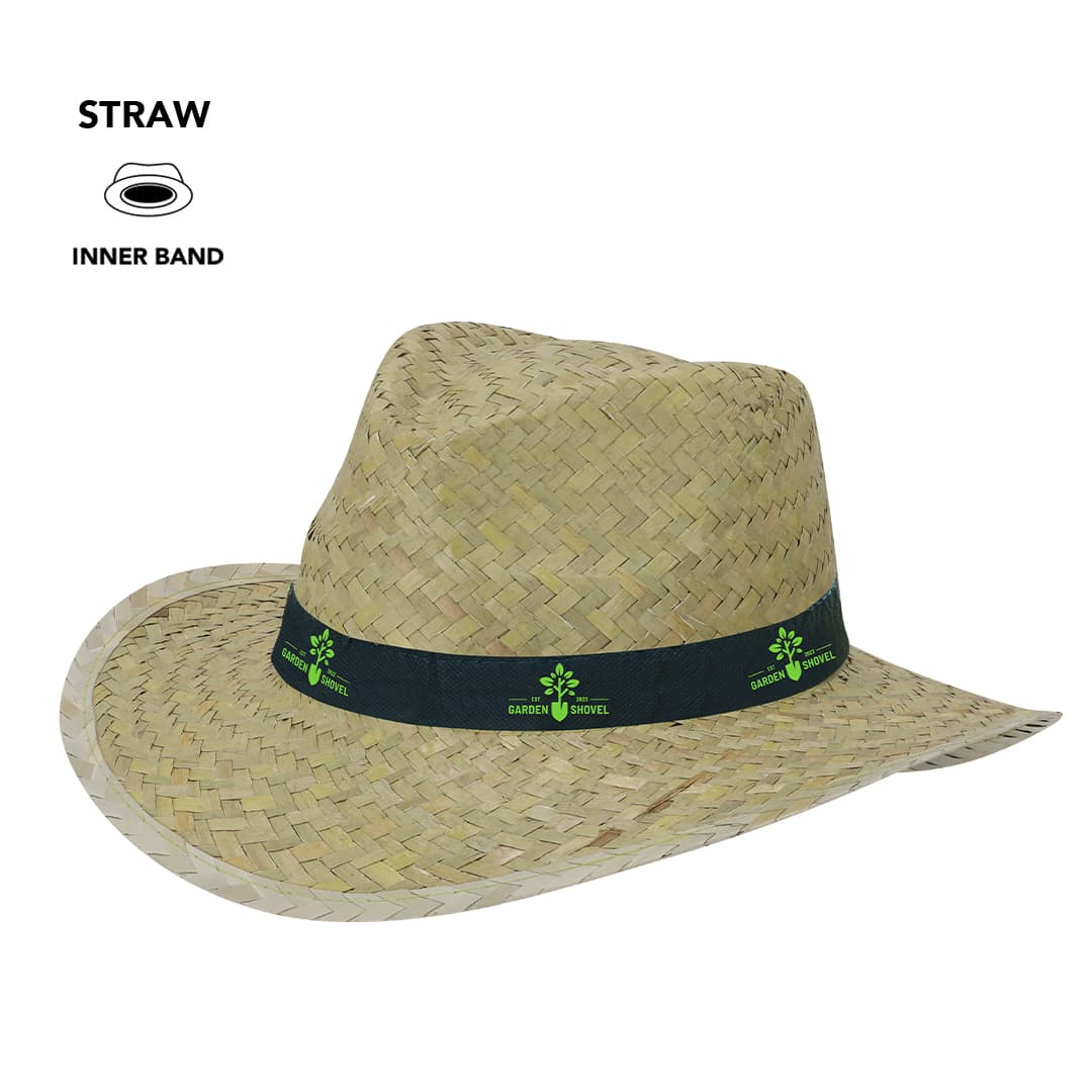 A straw hat in light brown with a dark band featuring a logo. It has a wide brim for sun protection. Freuler Hat - Image 1